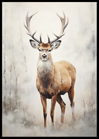 Watercolor of standing red deer in winter landscape, light tones-6