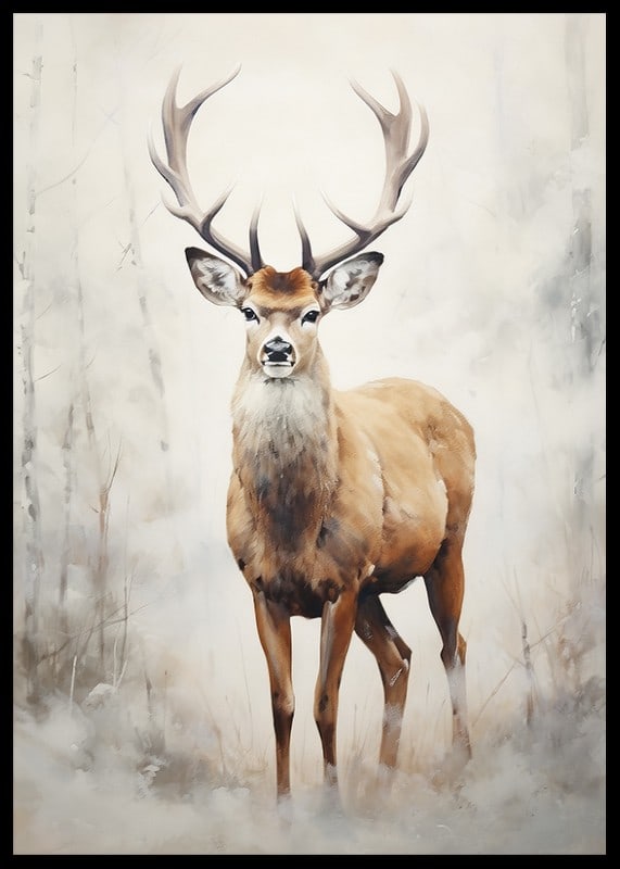 Watercolor of standing red deer in winter landscape, light tones-12