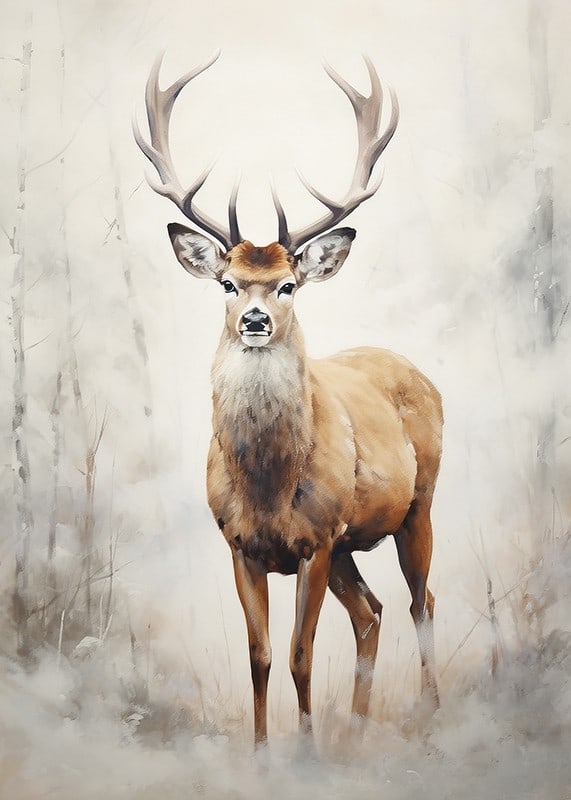 Watercolor of standing red deer in winter landscape, light tones-12