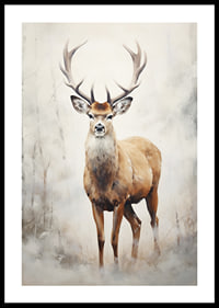 Watercolor of standing red deer in winter landscape, light tones-0