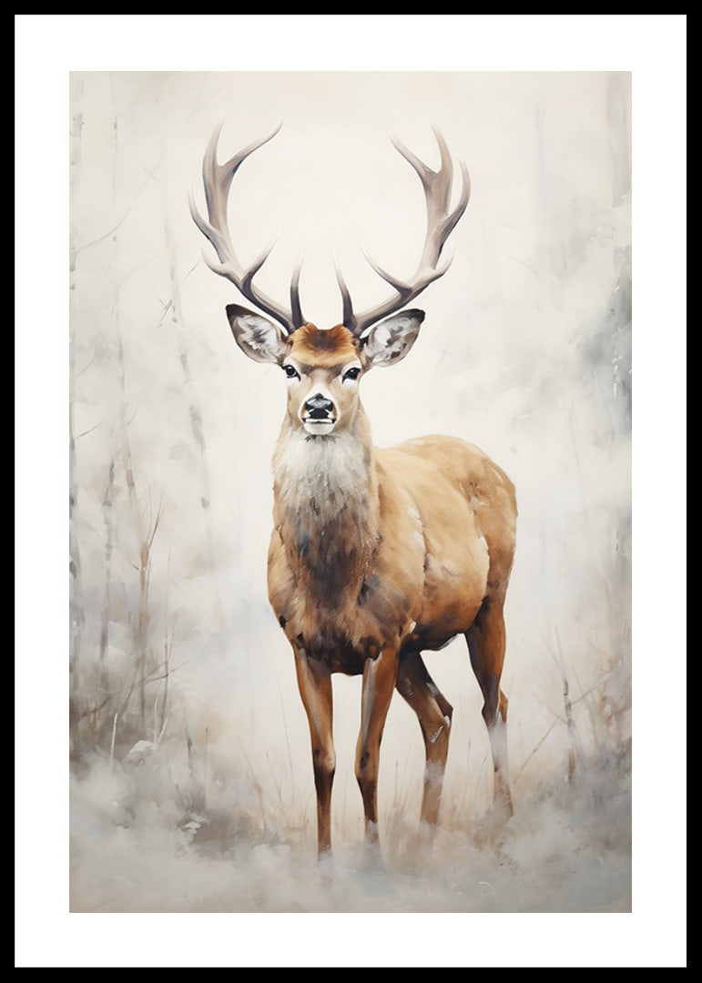Watercolor of standing red deer in winter landscape, light tones-12