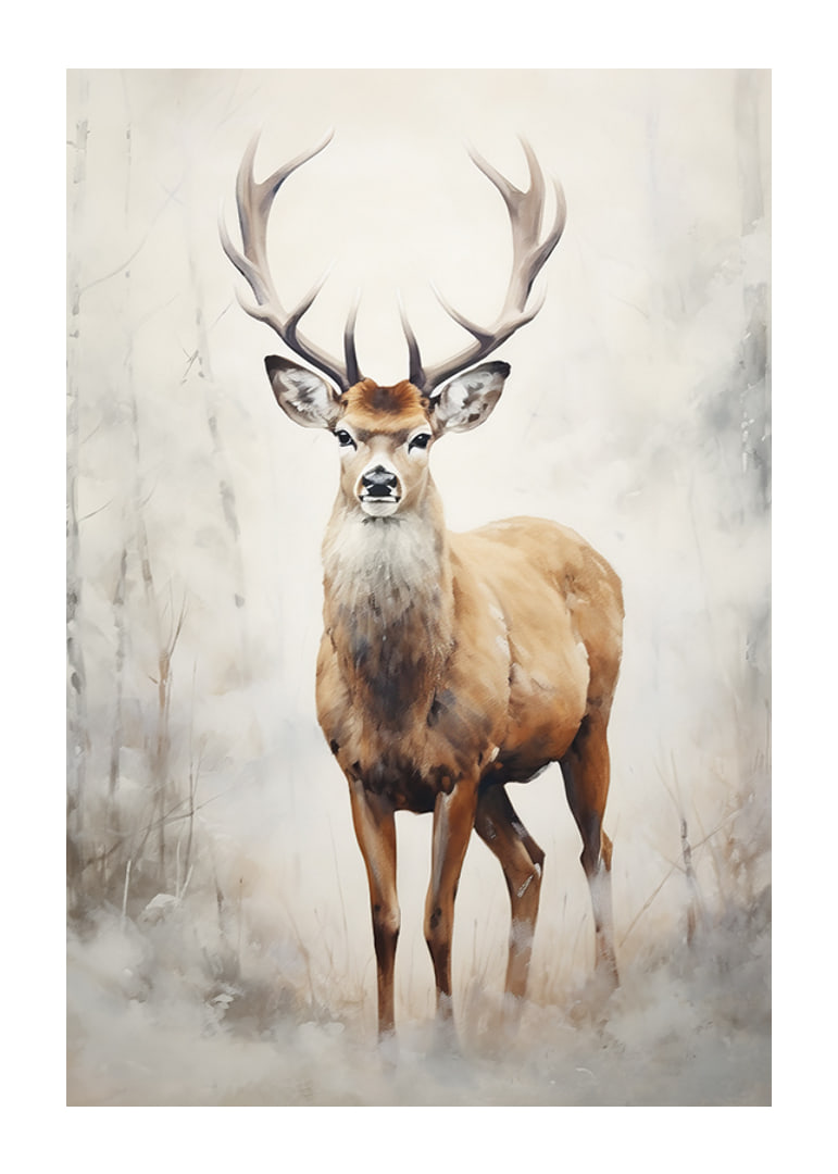 Watercolor of standing red deer in winter landscape, light tones-12