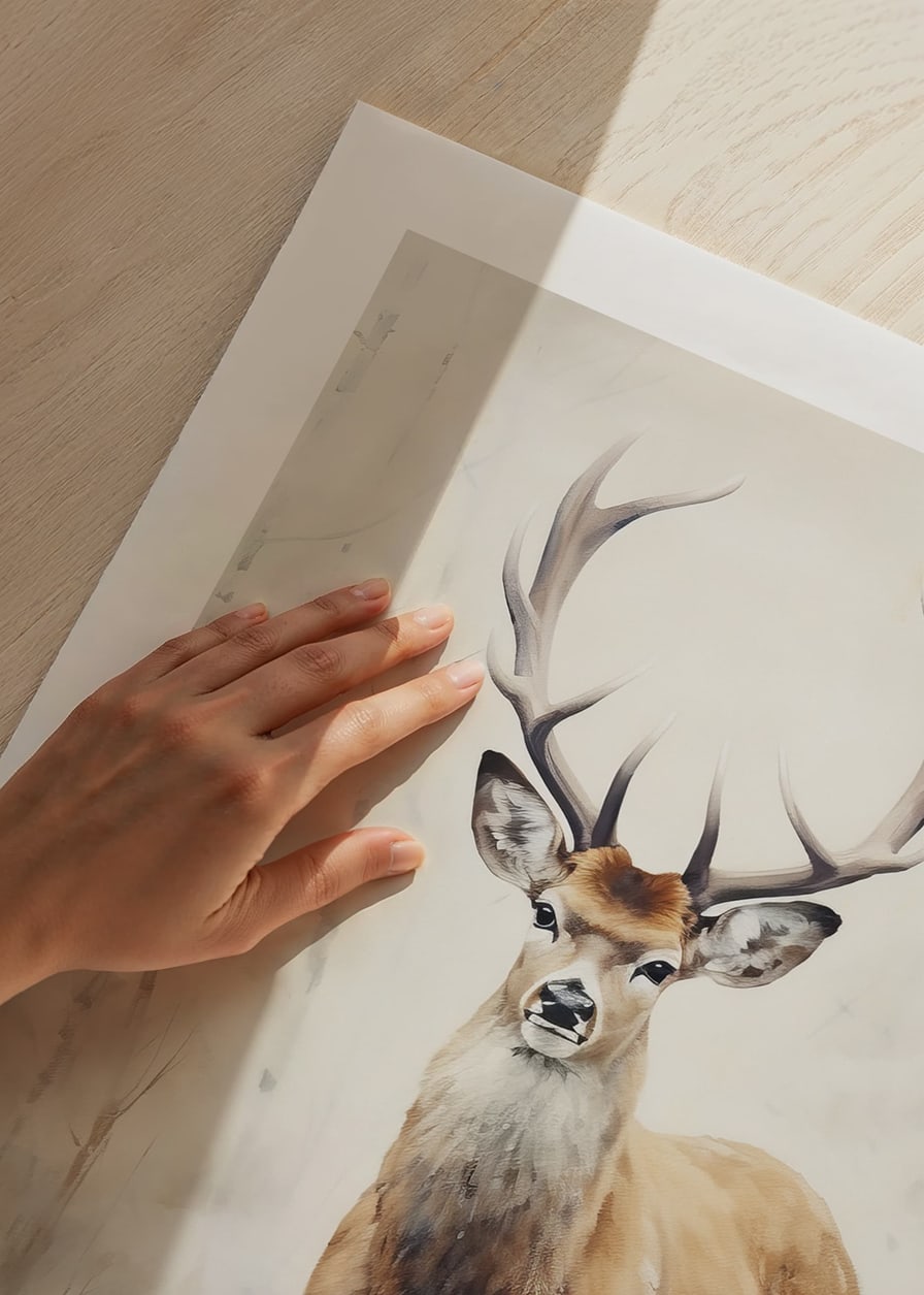 Watercolor of standing red deer in winter landscape, light tones-12
