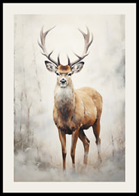 Watercolor of standing red deer in winter landscape, light tones-2