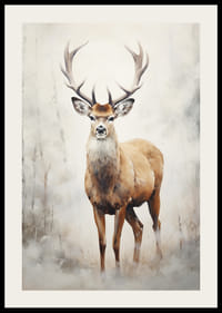 Watercolor of standing red deer in winter landscape, light tones-2
