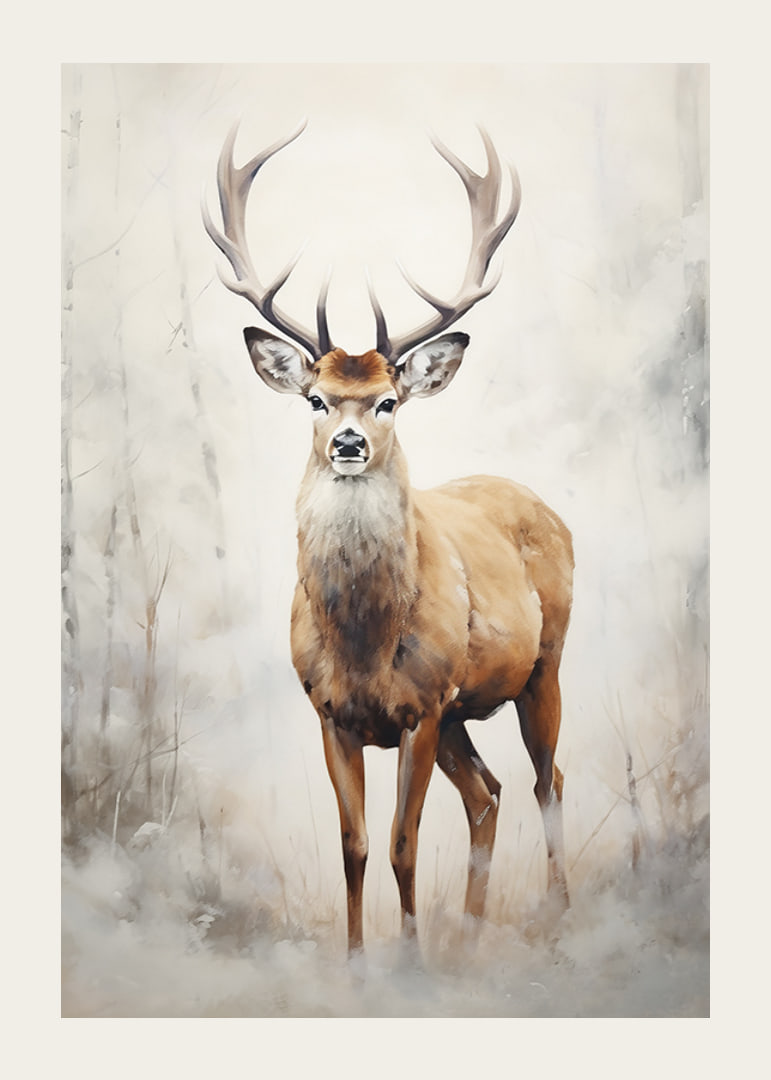 Watercolor of standing red deer in winter landscape, light tones-12