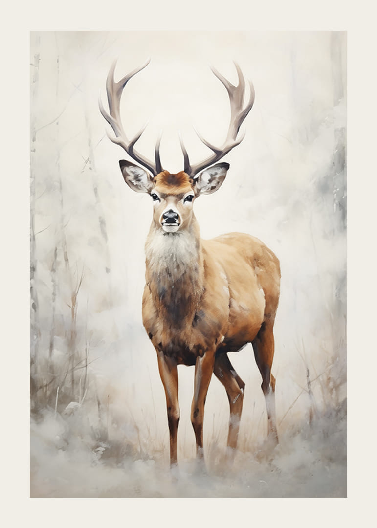 Watercolor of standing red deer in winter landscape, light tones-12