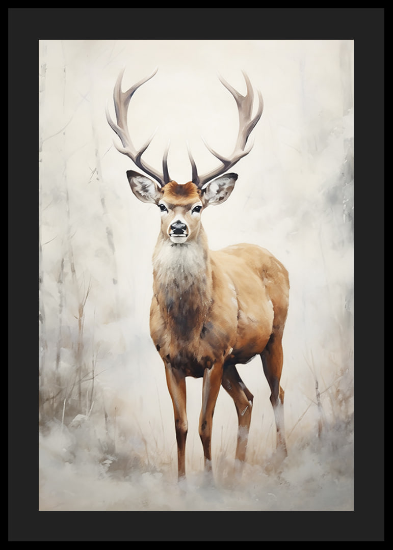 Watercolor of standing red deer in winter landscape, light tones-12