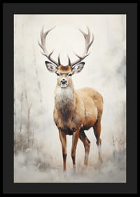 Watercolor of standing red deer in winter landscape, light tones-4