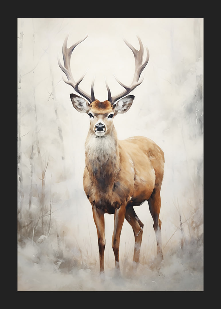 Watercolor of standing red deer in winter landscape, light tones-12