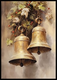 Watercolor of two gold-colored Christmas bells with holly and red berries-6