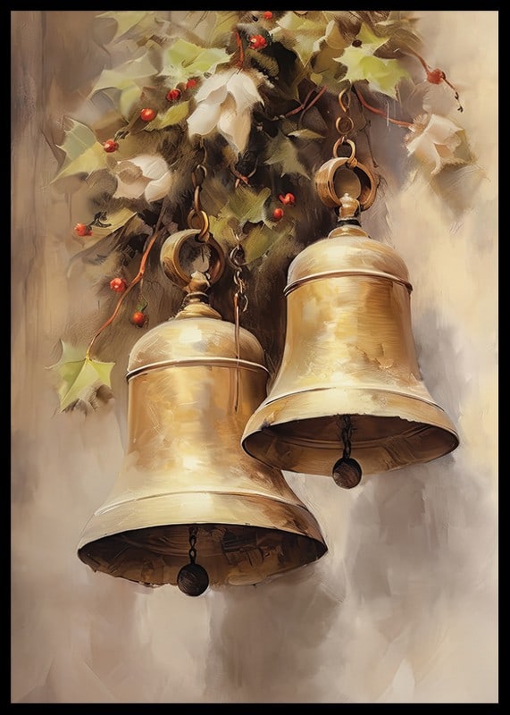 Watercolor of two gold-colored Christmas bells with holly and red berries-12