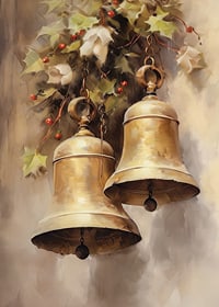 Watercolor of two gold-colored Christmas bells with holly and red berries-7