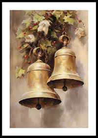Watercolor of two gold-colored Christmas bells with holly and red berries-0