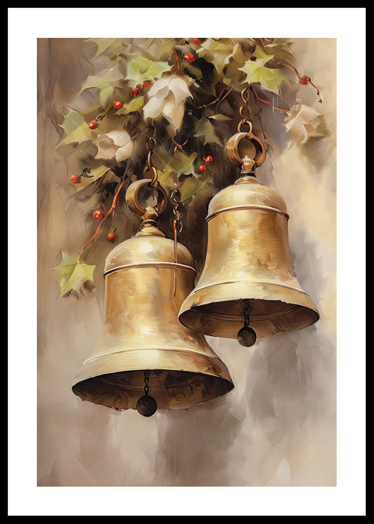 Watercolor of two gold-colored Christmas bells with holly and red berries-12