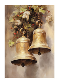 Watercolor of two gold-colored Christmas bells with holly and red berries-1