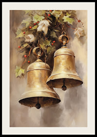Watercolor of two gold-colored Christmas bells with holly and red berries-2