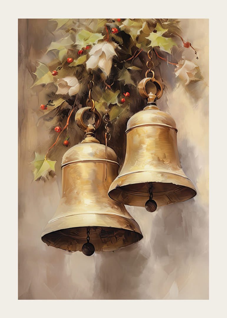 Akvarel dvoch zlatých vianočných zvončekov s cezmínou a červenými bobuľami.-12