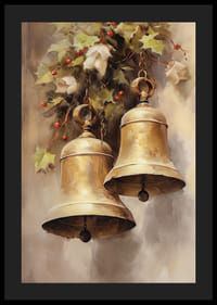 Akvarel dvoch zlatých vianočných zvončekov s cezmínou a červenými bobuľami.-4