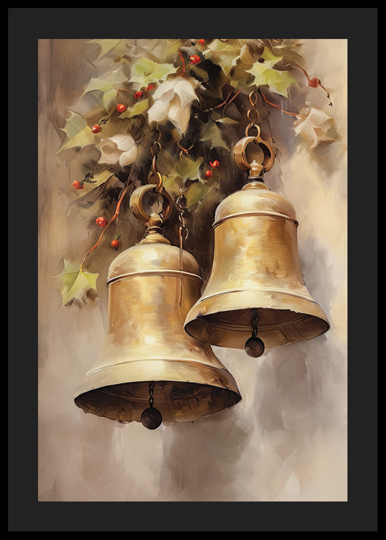 Akvarel dvoch zlatých vianočných zvončekov s cezmínou a červenými bobuľami.-12