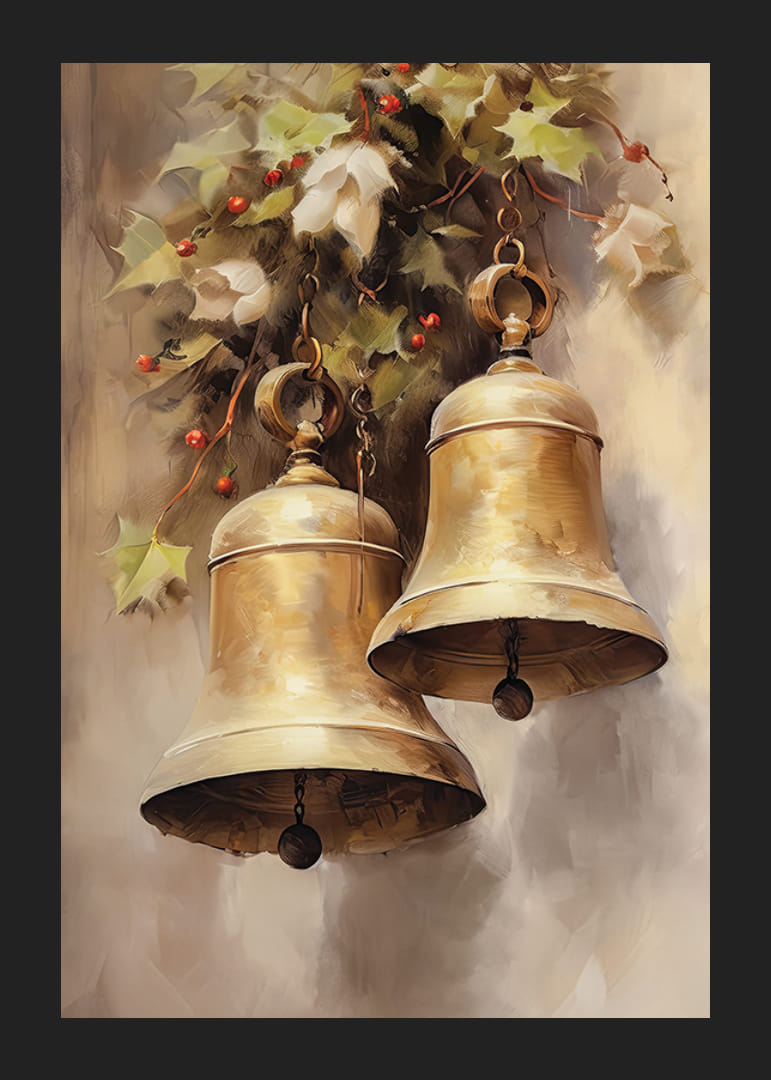 Akvarel dvoch zlatých vianočných zvončekov s cezmínou a červenými bobuľami.-12