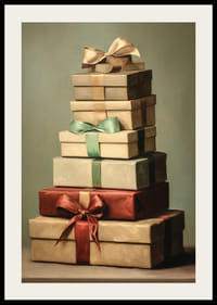 Acuarela de regalos navideños apilados con lazos en tonos verdes y rojos.-2