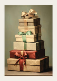 Acuarela de regalos navideños apilados con lazos en tonos verdes y rojos.-3