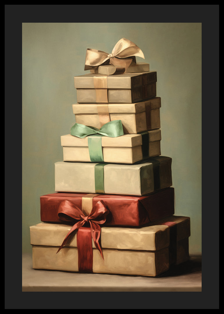 Watercolor of stacked Christmas presents with bows in green and red tones-12