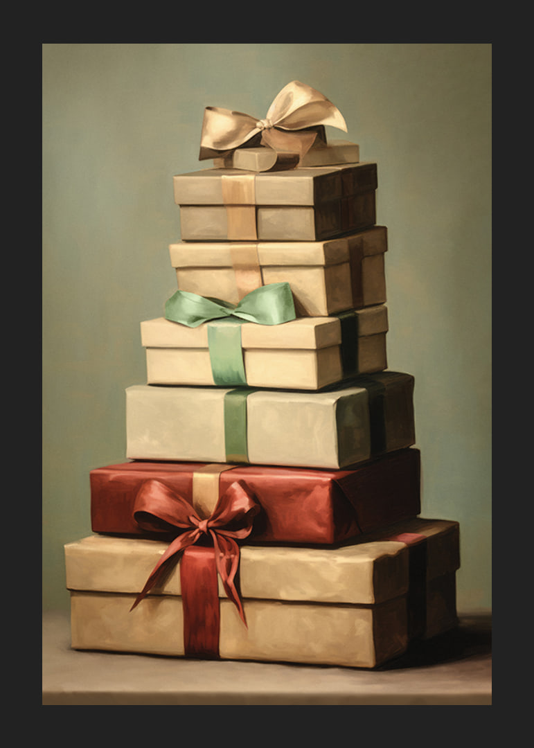Watercolor of stacked Christmas presents with bows in green and red tones-12