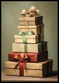 Watercolor of stacked Christmas presents with bows in green and red tones-6