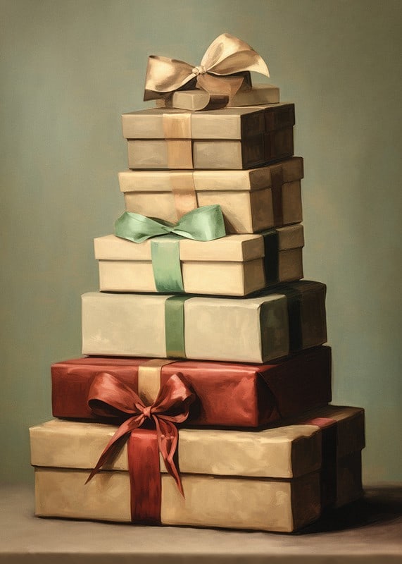 Watercolor of stacked Christmas presents with bows in green and red tones-12