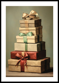 Watercolor of stacked Christmas presents with bows in green and red tones-0