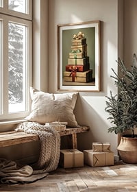 Watercolor of stacked Christmas presents with bows in green and red tones-8