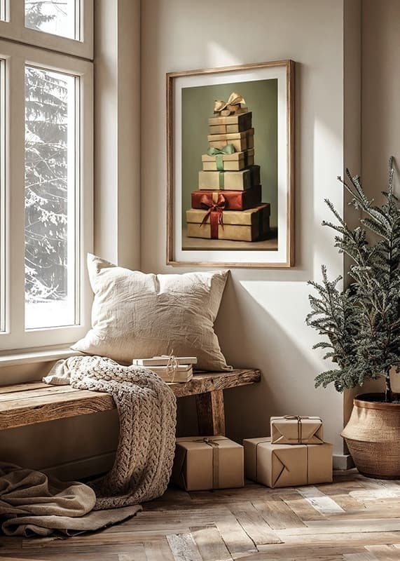 Watercolor of stacked Christmas presents with bows in green and red tones-12