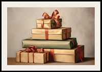 Aquarelle de cadeaux de Noël empilés avec des rubans rouges aux couleurs vintage-2
