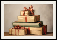 Vesiväri pinotuista joululahjoista punaisilla nauhoilla vintage-väreissä-2