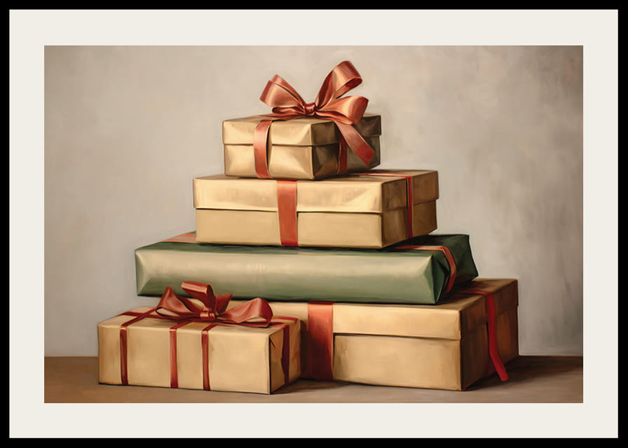 Vesiväri pinotuista joululahjoista punaisilla nauhoilla vintage-väreissä-12