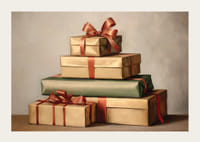 Vesiväri pinotuista joululahjoista punaisilla nauhoilla vintage-väreissä-3