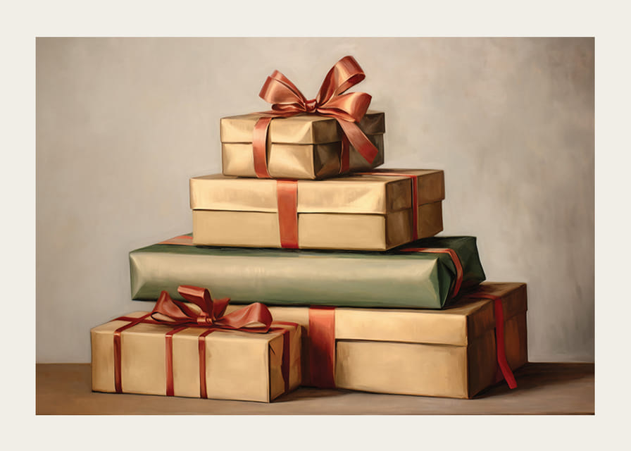 Vesiväri pinotuista joululahjoista punaisilla nauhoilla vintage-väreissä-12