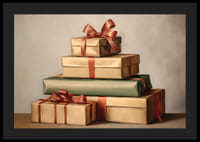 Vesiväri pinotuista joululahjoista punaisilla nauhoilla vintage-väreissä-4