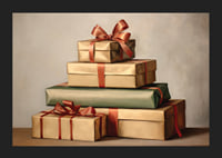 Aquarelle de cadeaux de Noël empilés avec des rubans rouges aux couleurs vintage-5