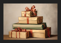 Vesiväri pinotuista joululahjoista punaisilla nauhoilla vintage-väreissä-5