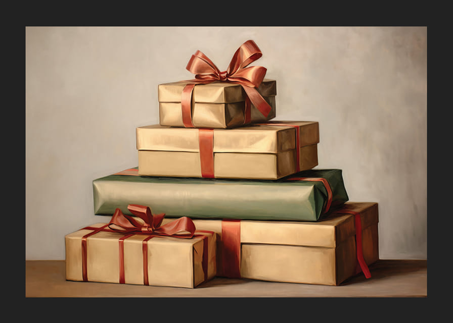 Vesiväri pinotuista joululahjoista punaisilla nauhoilla vintage-väreissä-12