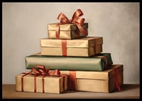 Aquarelle de cadeaux de Noël empilés avec des rubans rouges aux couleurs vintage-6