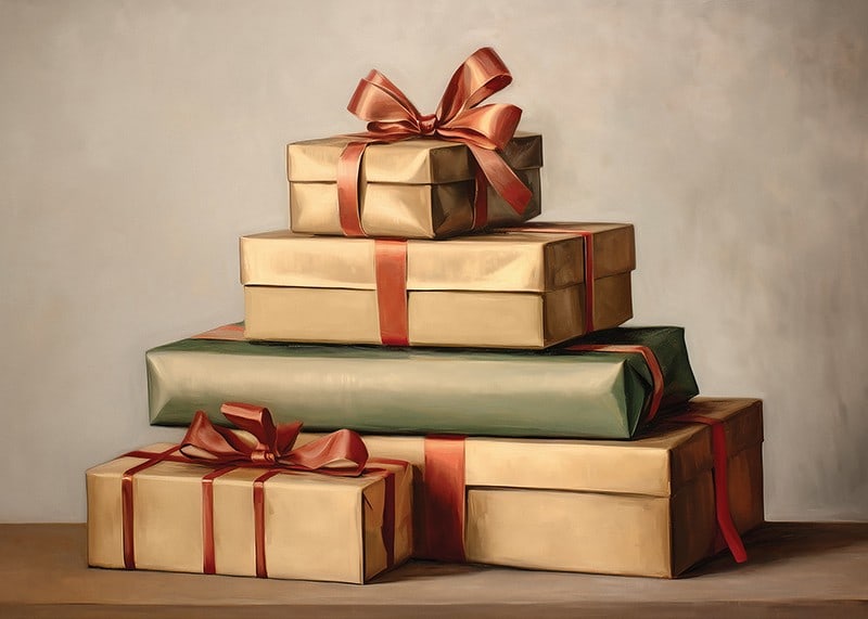 Aquarelle de cadeaux de Noël empilés avec des rubans rouges aux couleurs vintage-12