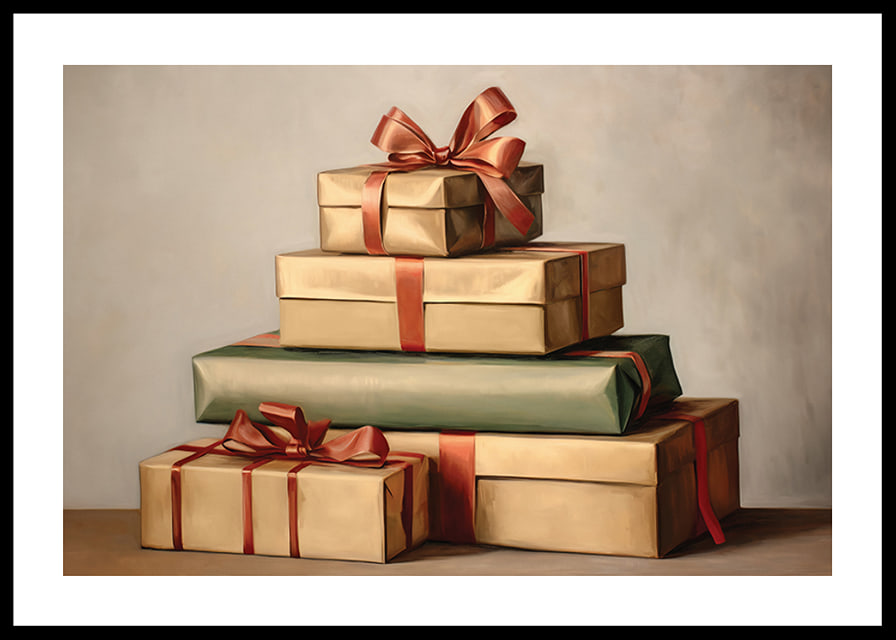 Aquarelle de cadeaux de Noël empilés avec des rubans rouges aux couleurs vintage-12