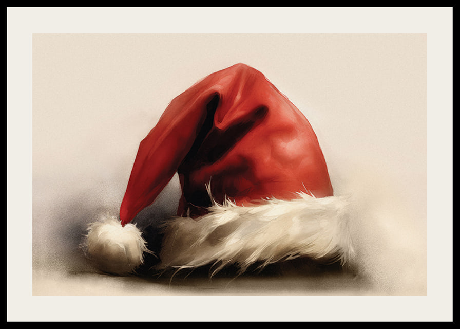 Watercolor of red Santa hat with white border on light background-12
