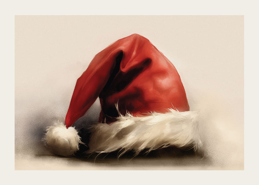 Akvarel af rød nissehue med hvid kant på lys baggrund-12