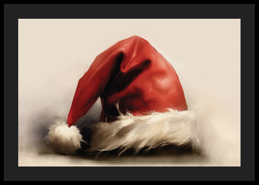 Watercolor of red Santa hat with white border on light background-12
