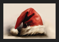 Watercolor of red Santa hat with white border on light background-5